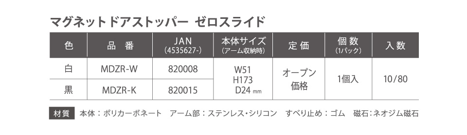 マグネットドアストッパー ゼロスライド仕様・詳細【白】MDZR-W／820008／W51×H173×D24mm／オープン価格／1個入／10/80【黒】MDZR-K／820015／W51×H173×D24mm／オープン価格／1個入／10/80