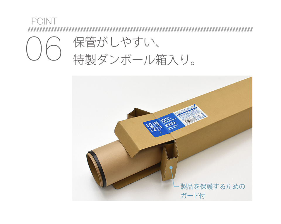 POINT06 保管がしやすい、特製段ボール箱入り。製品を保護するためのガード付